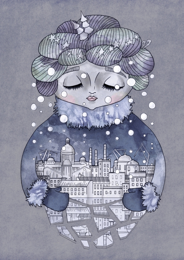 Concept illustration of winter lady over the city